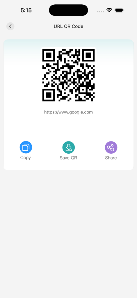 QR Toolkit - Scan&Code - Screenshot of the QR Toolkit app showing a generated QR code for a website URL with options to copy, save, and share