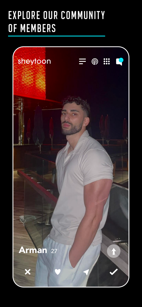 User profile interface on the Sheytoon Persian dating app showing a member profile