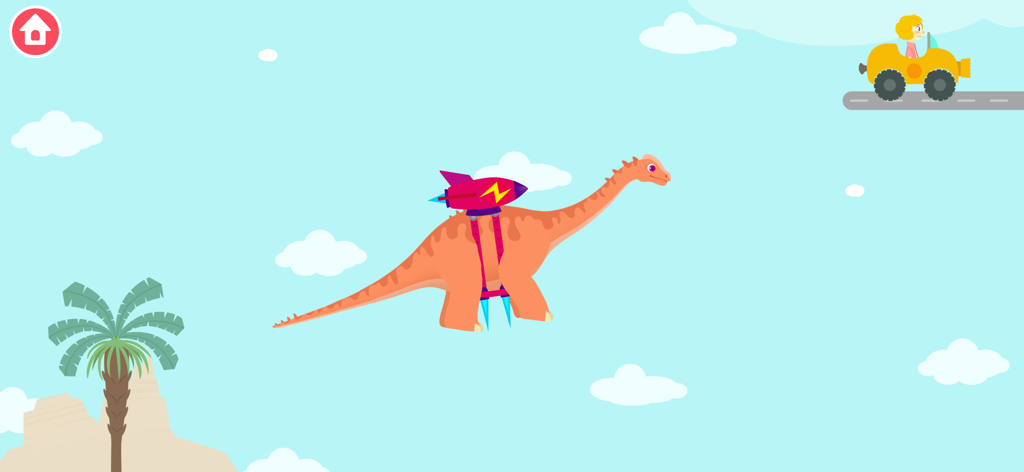 Un dinosaure volant avec un jetpack dans un ciel bleu vif