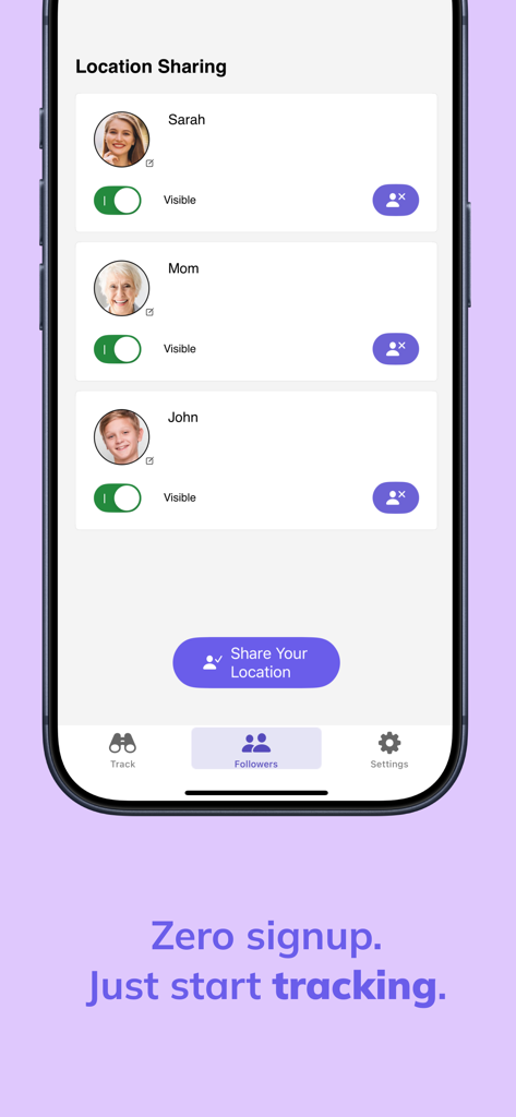 Tracker -Live Location Sharing - Lista de seguidores de la aplicación Tracker que muestra los interruptores de visibilidad de los miembros de la familia y el eslogan de cero registro