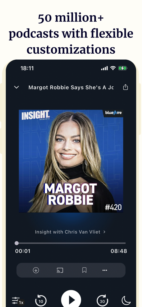 Podurama mobile app interface showing a podcast player screen with Margot Robbie episode and playback controls