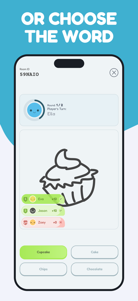 drawverse: draw & guess game - Drawverse mobile app interface showing a cupcake sketch and multiple choice guess options.