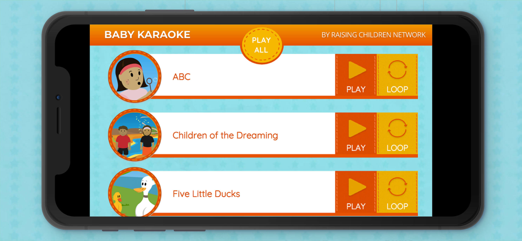 Interfaz de la aplicación Karaoke para Bebés que muestra una lista de canciones infantiles con opciones de reproducción y repetición