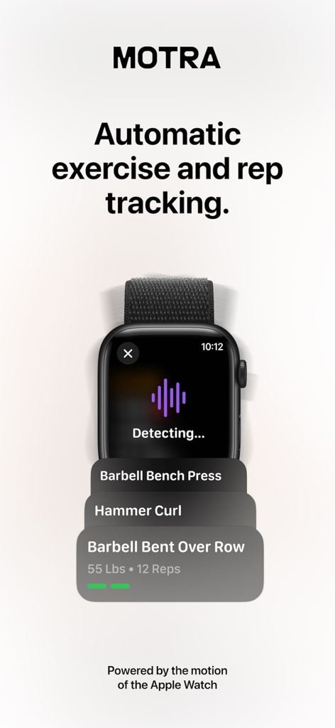 Motra app interface on Apple Watch displaying automatic exercise and rep tracking