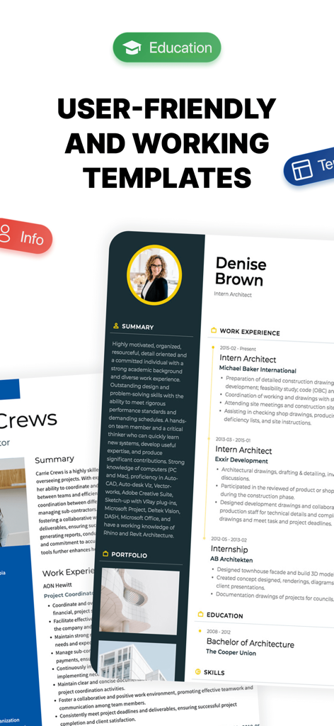 Resume Builder, CV Job App - Plantillas de currículum mostradas en una pantalla móvil para la aplicación Creador de CV y App de Empleo