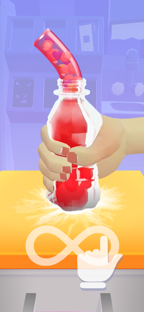 Mano exprimiendo una botella de miel congelada roja en un satisfactorio juego ASMR