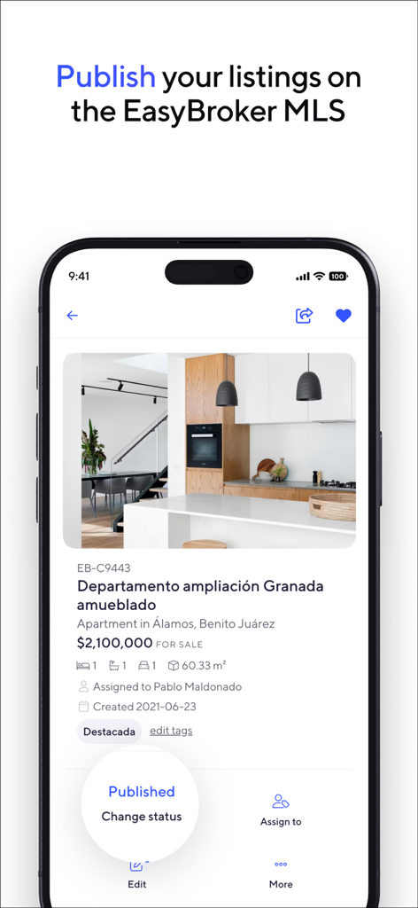 EasyBroker mobile app interface showing a professional property listing published on the MLS