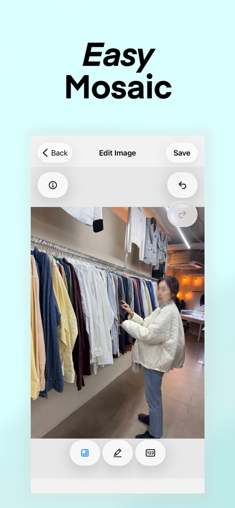 Moza Editor - Captura de pantalla de la aplicación Moza Editor que muestra la herramienta de mosaico fácil utilizada para difuminar un rostro en una foto.