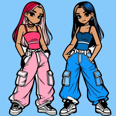 2 teen girls wearing baggy cargo jeans and crop tops