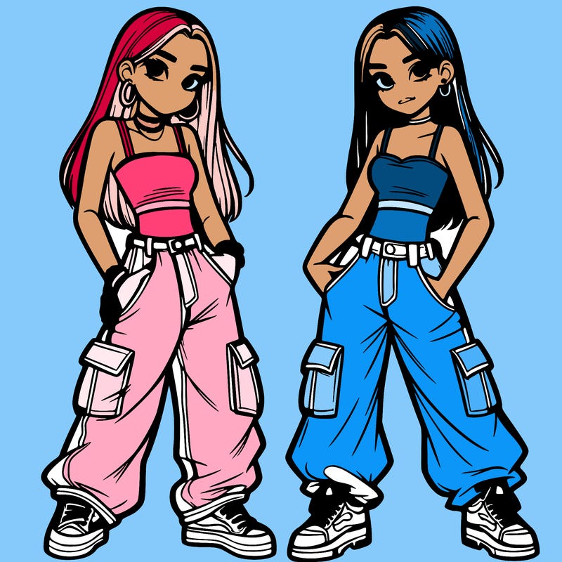 2 teen girls wearing baggy cargo jeans and crop tops