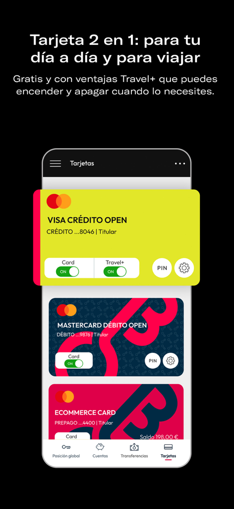 App móvil de Openbank que muestra la gestión de tarjetas de crédito y los controles de beneficios de viaje