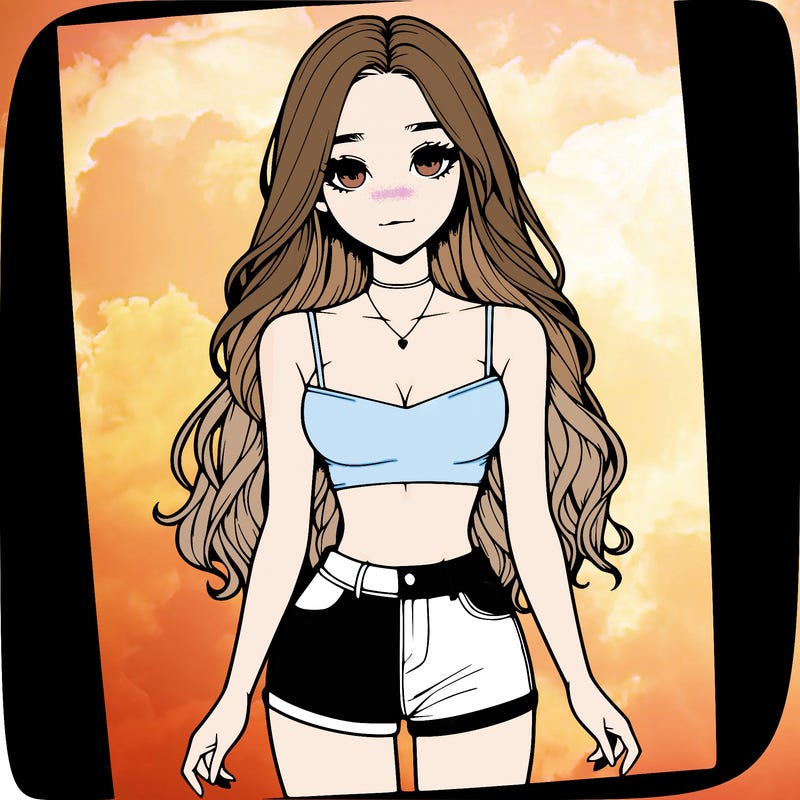 a realistic girl with long hair and in a crop top and shprts
