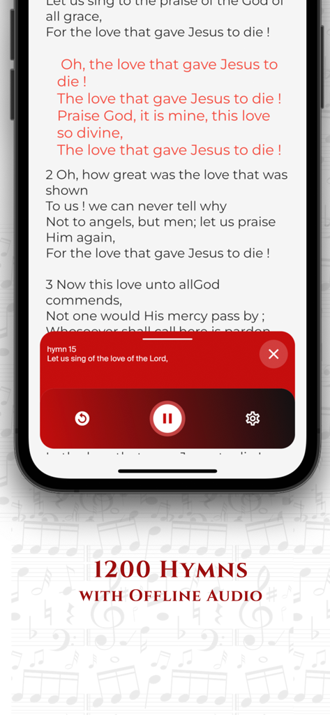Sacred Songs and Solos app interface displaying hymn lyrics and offline audio player