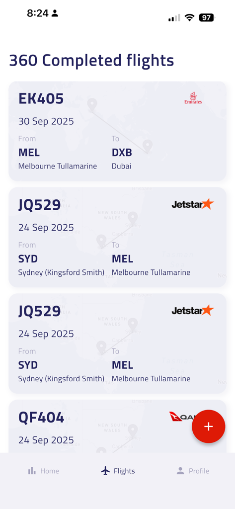 Sugo - A list of completed flights in the Sugo app showing flight numbers, dates, and destinations for Emirates and Jetstar.