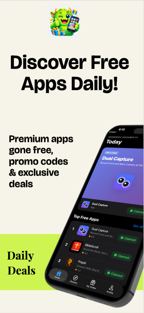 Interface of GetFree app showing daily deals and promo codes for premium indie apps