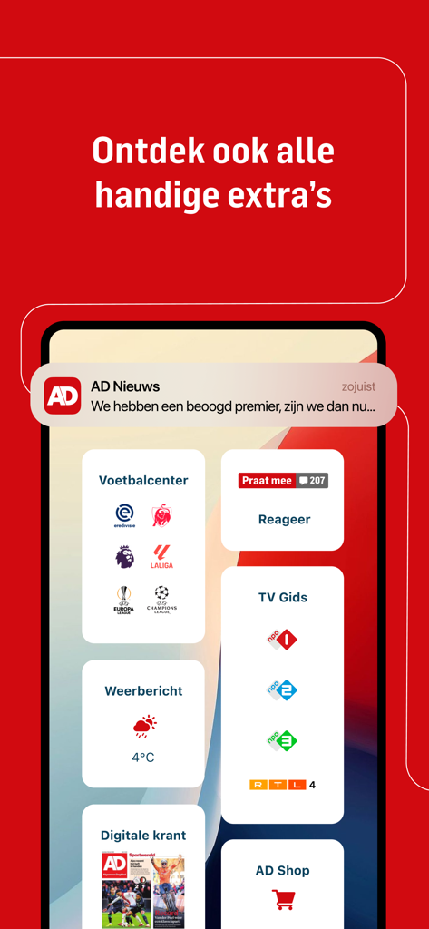 Capture d'écran de l'application mobile AD Nieuws mettant en évidence des fonctionnalités supplémentaires telles que les scores de football, la météo, le guide TV et le journal numérique