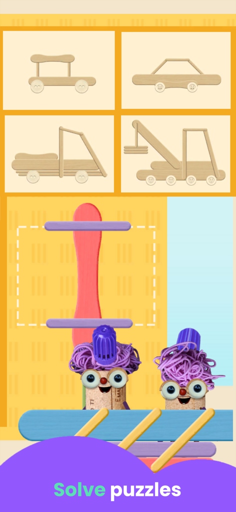 Number Games for Kids - Niños resolviendo rompecabezas educativos ensamblando vehículos de juguete con piezas de madera en la aplicación Skidos Number Games