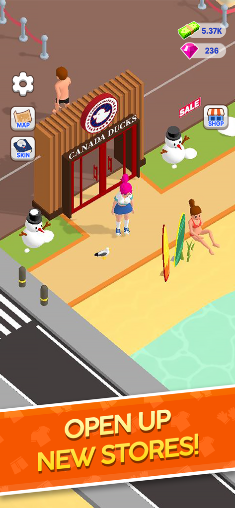 Beach Apparel - A character stands in front of a Canada Ducks clothing shop on a beach boardwalk in the Beach Apparel mobile game.