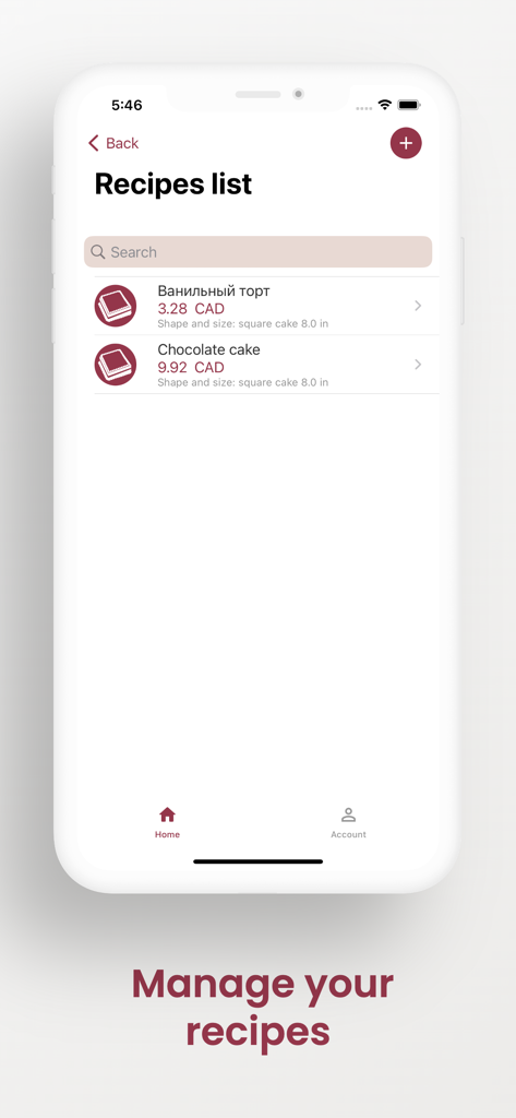 CakePlace - mobile app interface showing a list of cake recipes with estimated costs and pan dimensions