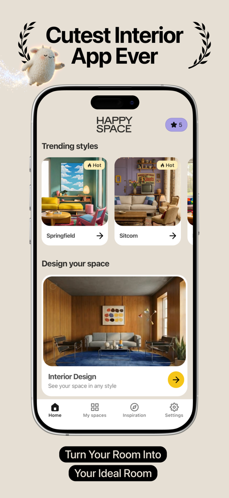 Happy Space - AI Home Design - Mobile phone showing the Happy Space app home screen with trending interior design styles and room transformation options