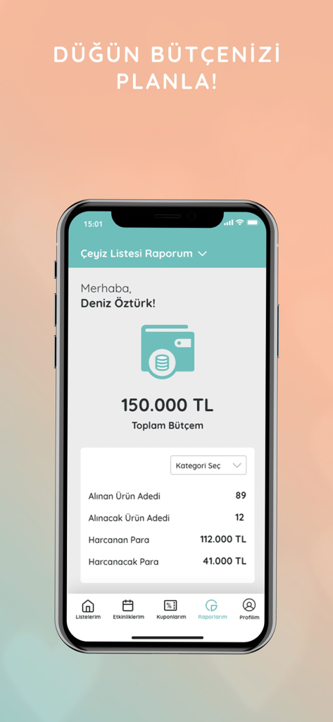 Çeyiz Listem - A mobile interface for wedding budget planning showing total budget and expenditure tracking in Turkish.