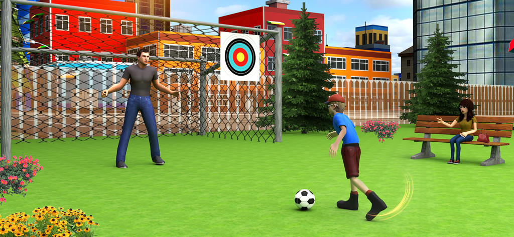 Un padre policía virtual jugando al fútbol con su hijo en un parque de la ciudad mientras la madre observa desde un banco