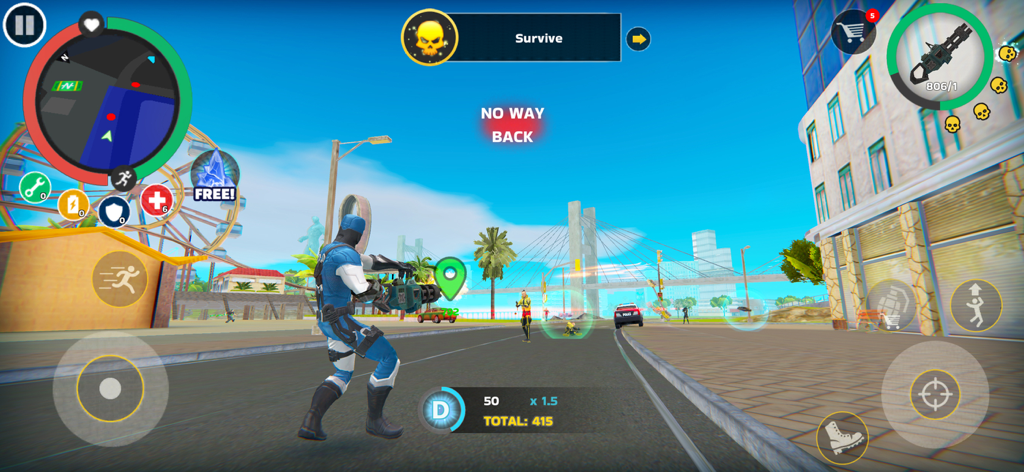 Rope Hero: Mafia City Wars - A blue-suited superhero character aiming a gatling gun in an open world city street