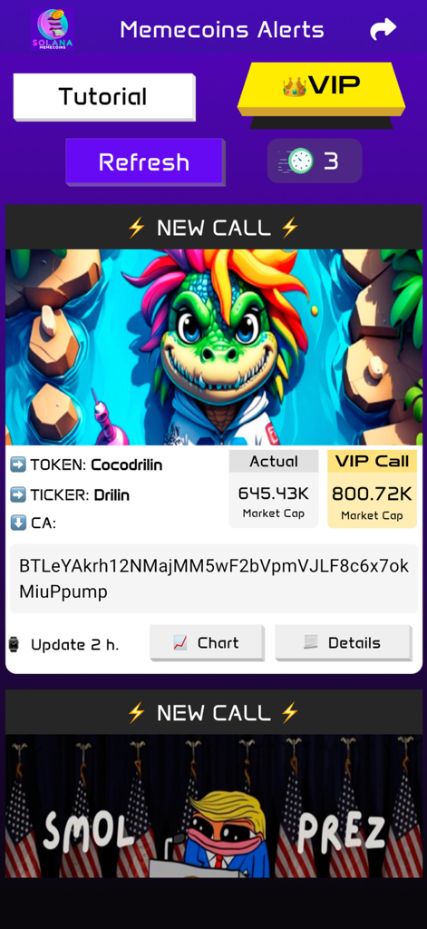 Memecoin Alerts: Real-Time SOL - Dashboard of the Memecoin Alerts app showing new calls for Solana tokens with market cap data and contract addresses