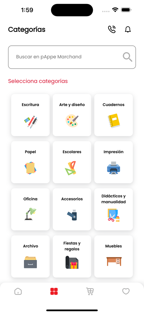 Marchand pAppe - Mobile app screen showing shopping categories for stationery, office supplies, and art materials in Spanish.