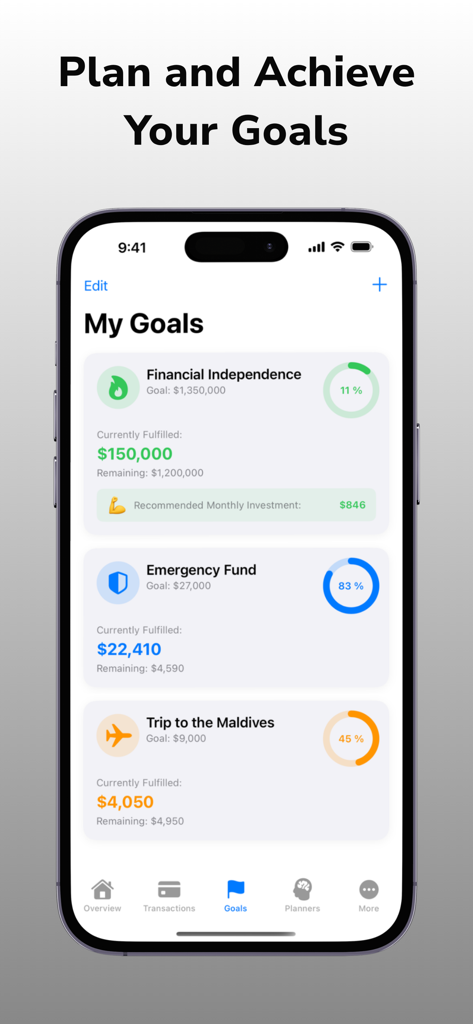 Profiro: FIRE & Budget Planner - Profiro app interface showing progress bars and dollar amounts for financial independence, emergency fund, and travel goals