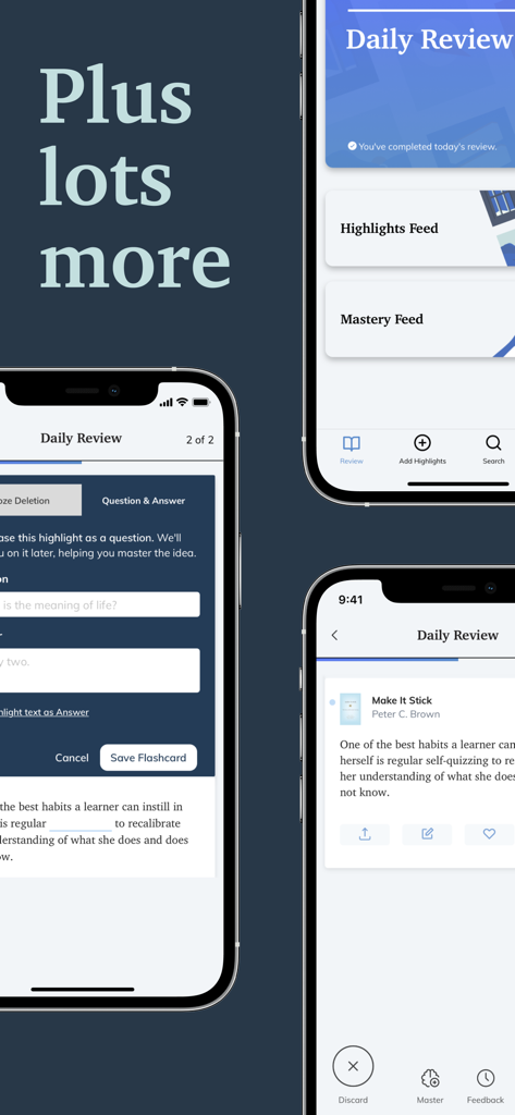 Readwise mobile app screens showing the daily review interface, mastery feed, and flashcard creation for active recall
