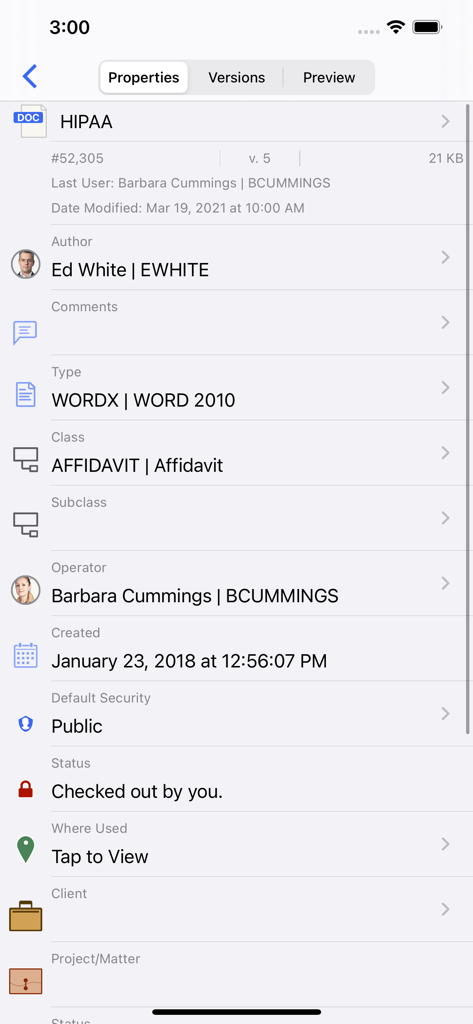 iManage Work 10 For Intune - Mobile interface of iManage Work 10 displaying properties and metadata for a legal document.