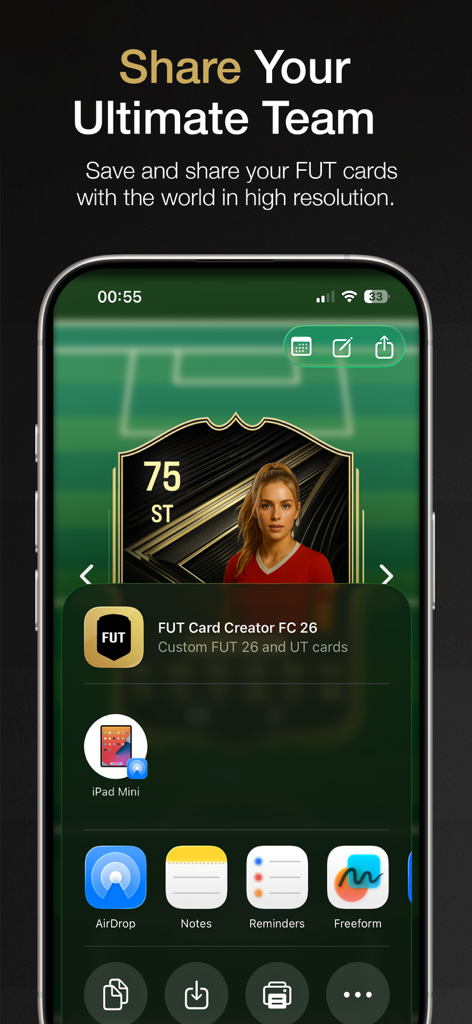 FUT Card Creator FC 26 - A screenshot of the FUT Card Creator FC 26 app displaying the share menu for a custom soccer card