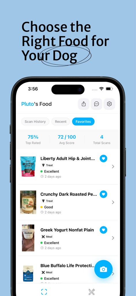 Doggo - Food & Treat Scanner - Interface de l'application Doggo montrant une liste d'aliments et de friandises préférés pour chiens avec des notes de sécurité et des scores nutritionnels