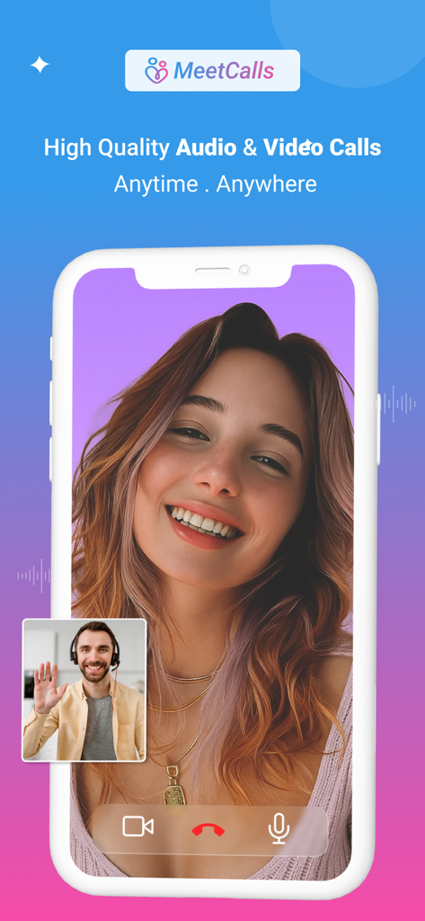 Ein Smartphone-Bildschirm, der einen Live-Videoanruf zwischen zwei Benutzern der MeetCalls-App anzeigt