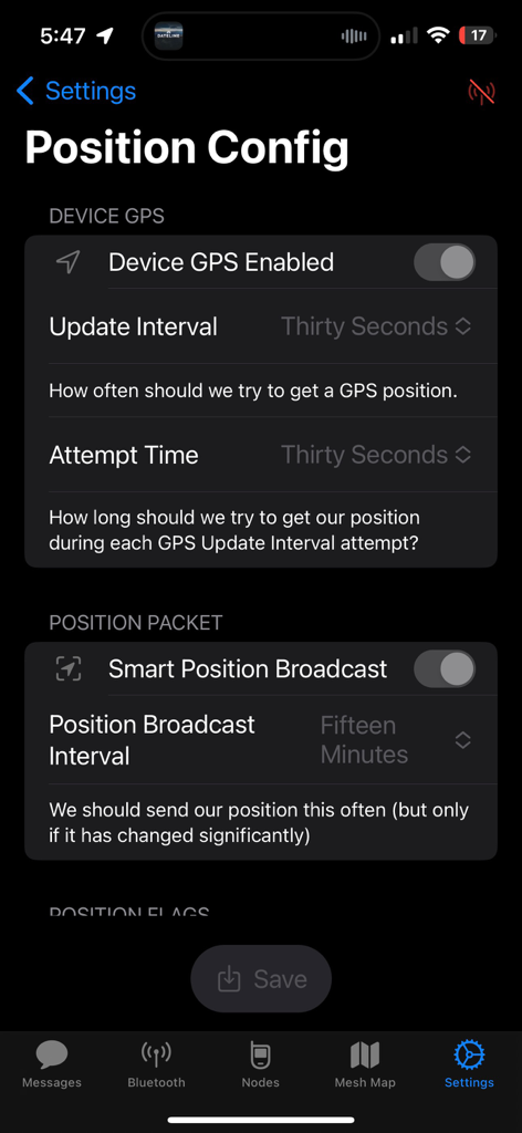 Meshtastic App Position Konfigurationsbildschirm mit Einstellungen für GPS und Smart Position Broadcast