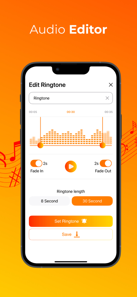 Nota Ringtones app audio editor screen showing waveform trimming and fade in fade out settings