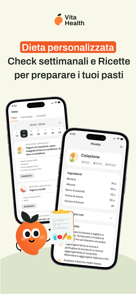 Vita Health - Schermate dell'app Vita Health che mostrano un piano alimentare settimanale personalizzato e una dettagliata ricetta per una colazione sana.