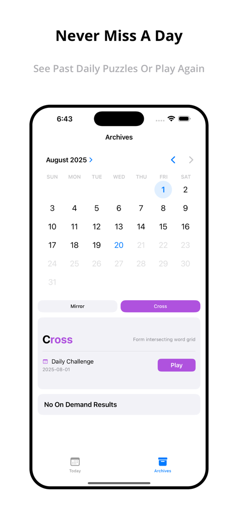 Offline Game: Wreflecto Word - La pantalla de archivos de Wreflecto Word que muestra un calendario para acceder a rompecabezas de palabras diarios pasados