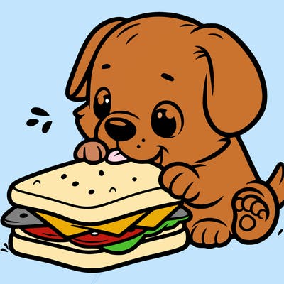 puppy trying to eat a large sandwich