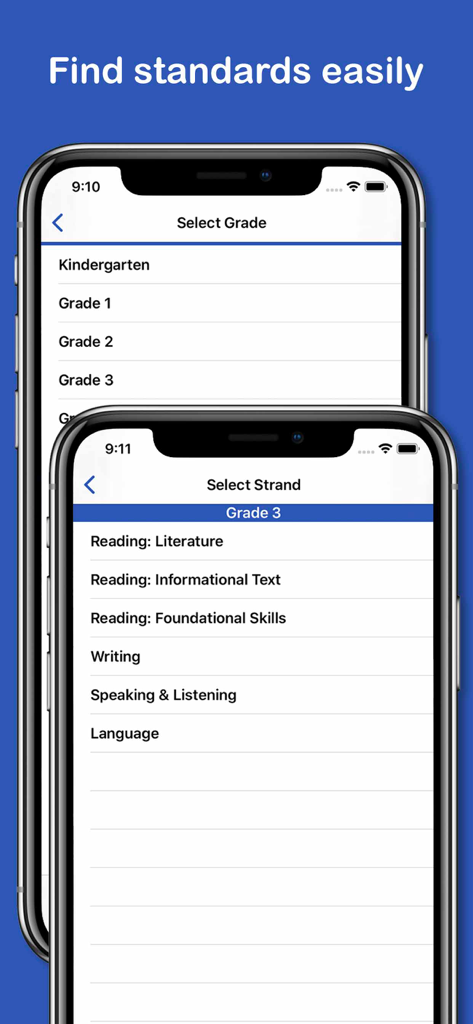 Common Core Pocket - Common Core Pocket app interface showing screens for selecting grade levels and subject strands like reading and writing