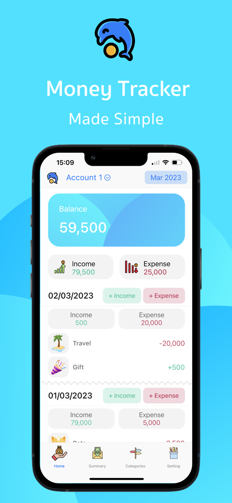 Interface of the Lomaa money tracking app displaying balance income and expense logs with aesthetic icons