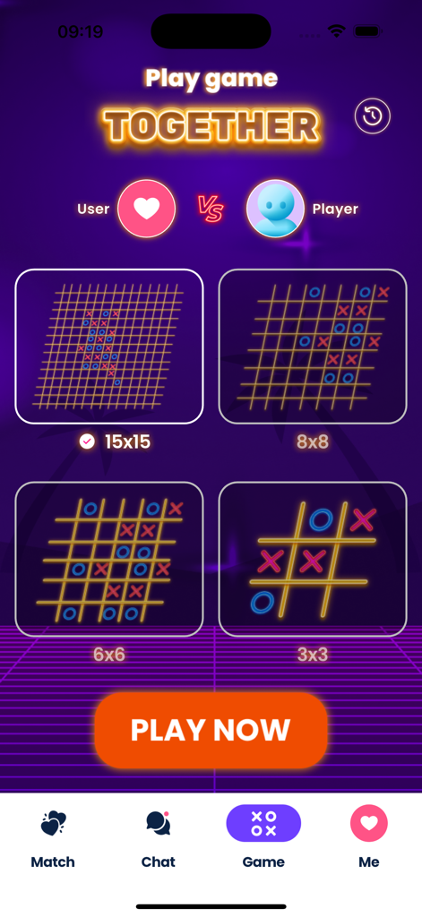 MyAI: AI Friend, Chat, Text - Mobile app interface showing various Tic-Tac-Toe grid sizes to play together with an AI companion.