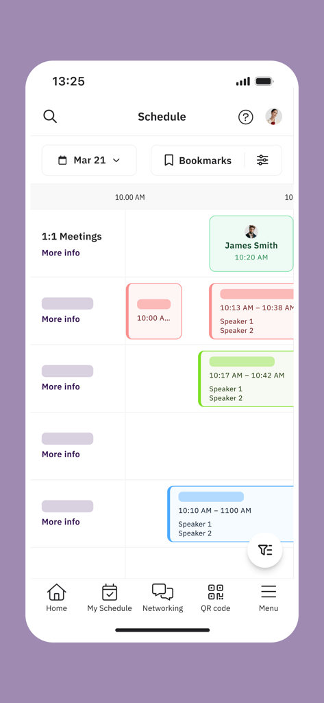 EventsPRO Messukeskus&Expomark - モバイルアプリの画面に、1対1のミーティングとセッションを含むビジネスカレンダーが表示されています。