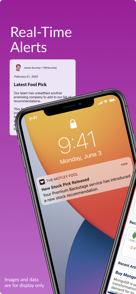 The Motley Fool - An iPhone screen displaying a real-time notification for a new stock pick from The Motley Fool app.