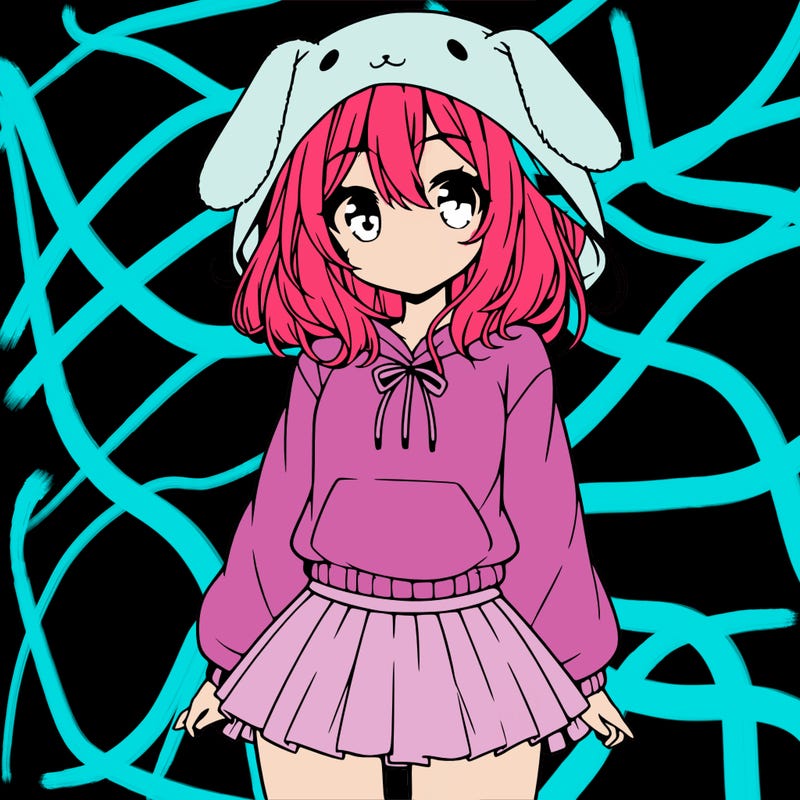 pretty anime girl wearing a fluffy hoodie with bunny ears on the hood and a skirt