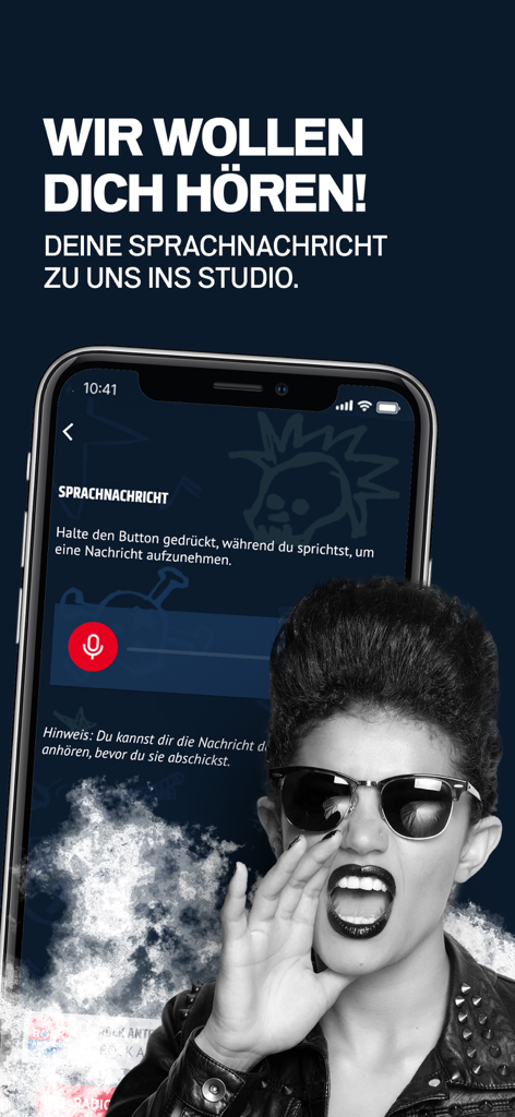 Interfaz de la aplicación Rock Antenne para enviar mensajes de voz al estudio de radio