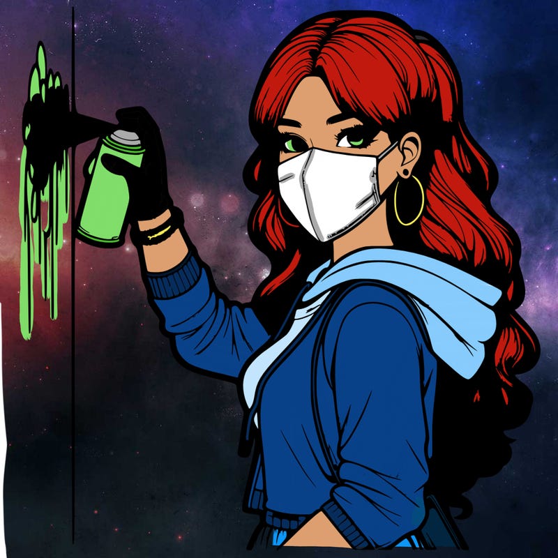 realistic girl with mask spray painting a wall