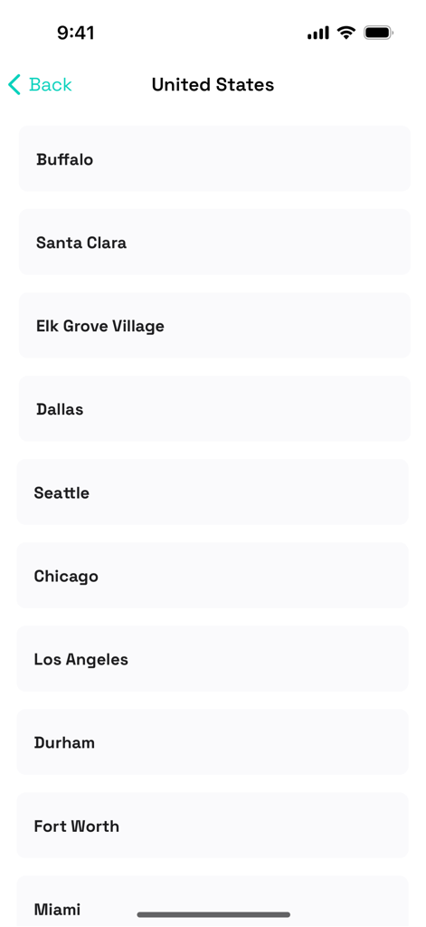 A list of available decentralized VPN server locations across various cities in the United States