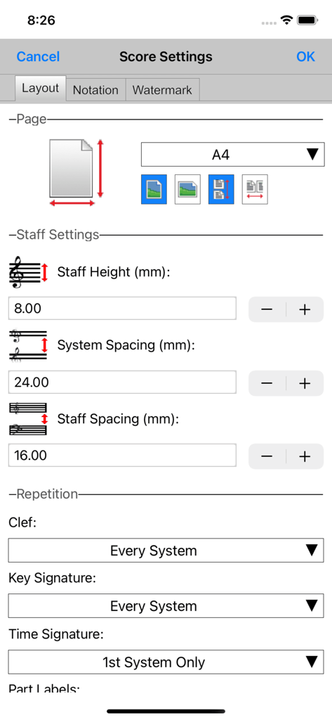 Crescendo Music - Einstellungsbildschirm der Crescendo Music App zur Anpassung des Seitenlayouts und des Notensystemabstands